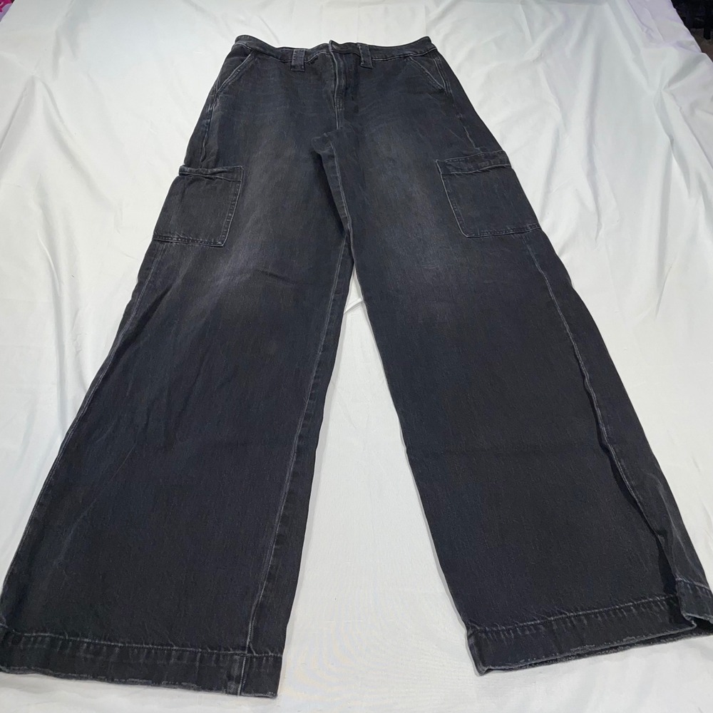 American Eagle Super High Rise Baggy Wide Leg Cargo Jeans Black Womens 10 X-Long